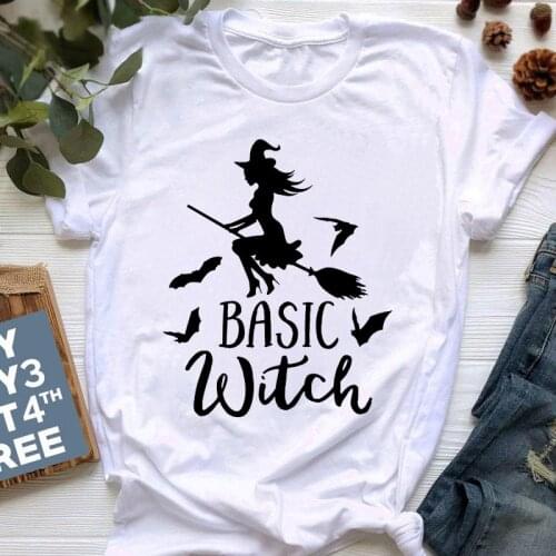 Summer T Shirt Women Harajuku Halloween Witch Print Ladies T-shirts White Short Sleeve Graphic Streetwear Tee Shirt Femme 2021
