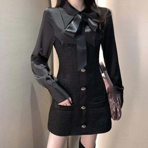 Sweet Girl Spring/Autumn Womens Sexy Dress French Minority Style Sweet Girl Dress Bubble Sleeve Shirt Patchwork Slim Bow Dress