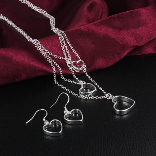 Fashion 925 sterling Silver Love Heart necklace earrings Jewelry set for women charm classic wedding Party lady Christmas Gifts
