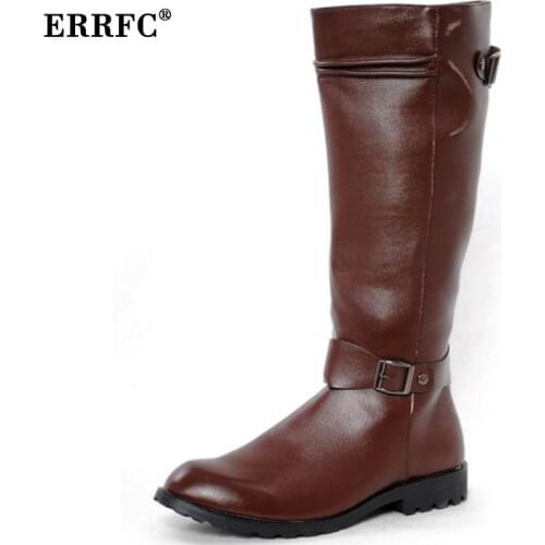 ERRFC New Arrival High Top PU Leather Shoes Men Round Toe Motorcycle Boots Brown Buckle Cowboy Trending 44cm Leisure Knee Botas