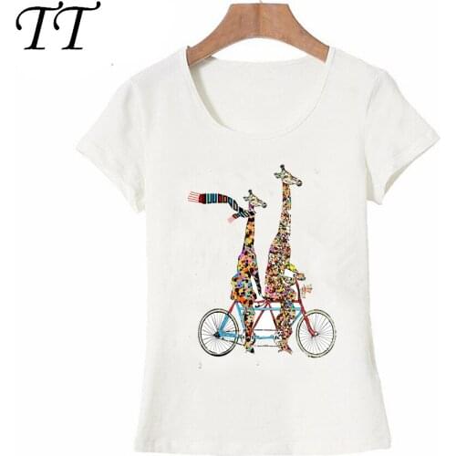New animal cartoon summer Women t-shirt the giraffes love to venture out on the tandem bicycle T-Shirt maiden Tops ladies Tees