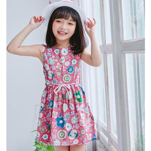 New Summer Girls Casual Dresses with Hat Floral Printing Cotton Soft Middle Length Kids Sleeveless Summer Dress for Holiday