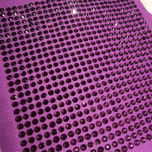 Hot Fix High Quality Purple Violet Crystal Rhinestone Polyester Spandex Elastic Stretch Fabric Golden Milk Silk