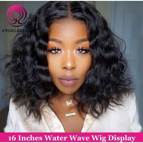 Angelbella Brazilian Human Hair Wigs 14" 16" Water Wave Bob Wig 150 Density T Part Lace Front Wigs For Black Women