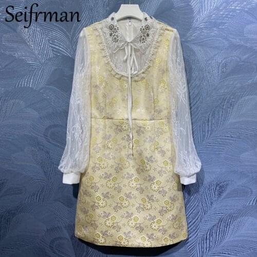 Seifrmann New 2021 Summer Women Fashion Designer Party Mini Dress Bow Ruffles Beading Lace Print Patchwork Elegant Ladies Dress