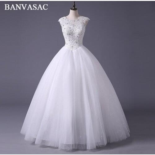 BANVASAC Real Photos O Neck Crystal Ball Gown Wedding Dresses Elegant Lace Appliques Open Back Bridal Gowns