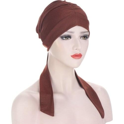 Muslim Women Stretch Solid Wrinkle Turban Hat Cancer Chemo Beanies Caps Pre-Tied Scarf Headwear Headwrap Plated Hair Accessories