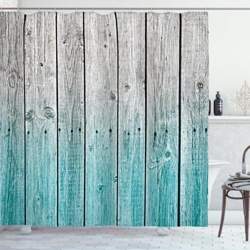 Aqua Shower Curtain Set Rustic Ombre Toned Wooden Fench Planks Curtain for Bathroom Decor 12 Hooks Decorative Bath Accessory