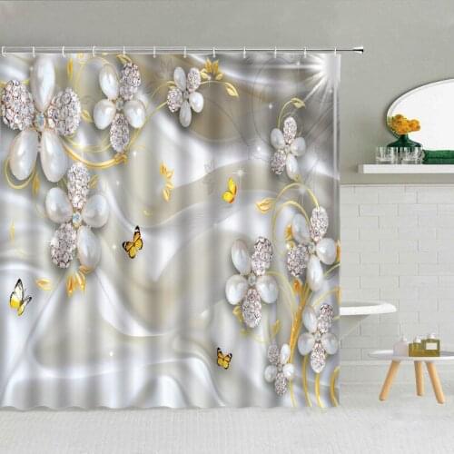 Pearl Diamond Flower Shower Curtain Butterfly Bathroom Decoration Bath Screen Waterproof Fabric Curtain Shower Curtain