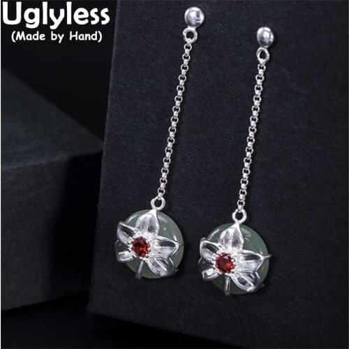 Uglyless Peace Buttons Natural Jade Earrings for Women Real 925 Silver Flowers Long Earrings Elegant Floral Fashion Jewelry