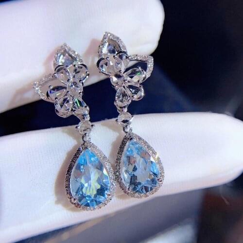 H1006 Fine Jewelry Pure 18K White Gold Natural Aquamarine Gemstone 2.6ct Diamonds Females Earrings for Women FIne Earrings