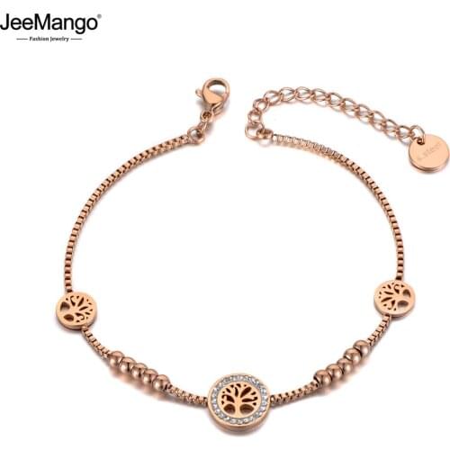 JeeMango Fashion Clay Crystal Love Tree Charm Bracelets For Women Stainless Steel CZ Link Chain Bracelet For Women Gifts JB19129