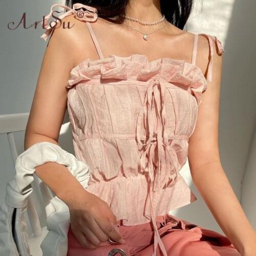 ArtSu Y2K Pink Cute Girls Ruffles Slash Neck Lace Up Camis Tops Women Summer Sexy Crop Top Casual Camisole 2021