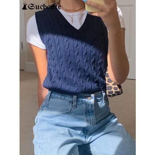 SUCHCUTE e girl Sweater Vest women jumper V Neck pullover Knitted Vests Women y2k Preppy Style Crop Top Autumn 2020 solid outfit