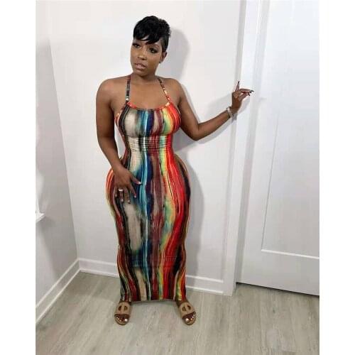 Summer New Womens Sexy Casual Tie-Dye Printing Sleeveless Suspenders Round Neck Slim Mid-Length Dress Club Dress