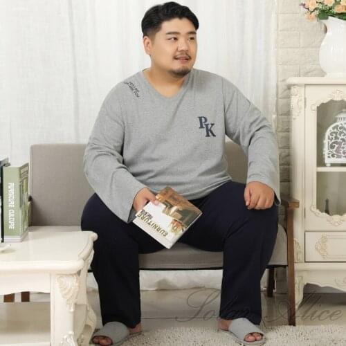 Free shipping 2020 mens autumn and winter pure cotton long-sleeved trousers pajamas suit V-neck plus fat plus size home service