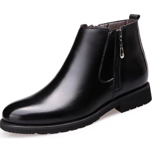 Round Toe Ankle Boot Slip On Leather Snow Boots Men Winter Casual Chelsea Boots Black Mens Winter Shoe