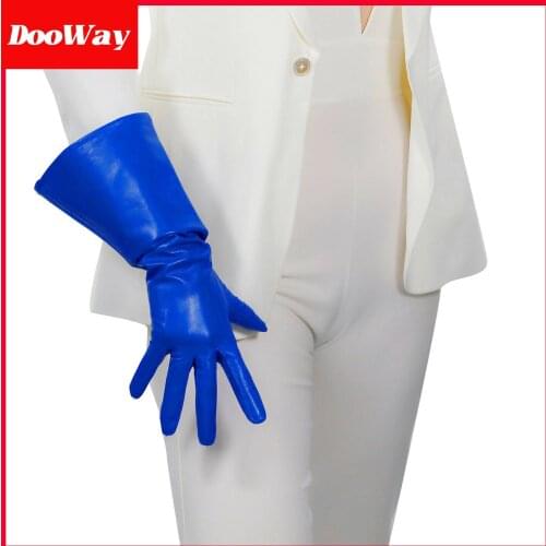 DooWay Unisex Real Leather Long Gloves Touchscreen Gauntlet Style Imported Lambskin Wide Sleeves for Costumes Dressy Blue