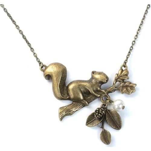 DoreenBeads Vintage Punk Pendant Necklace Squirrel Animal Leaf Pinecone Imitation Pearl About 76.5cm 1Piece