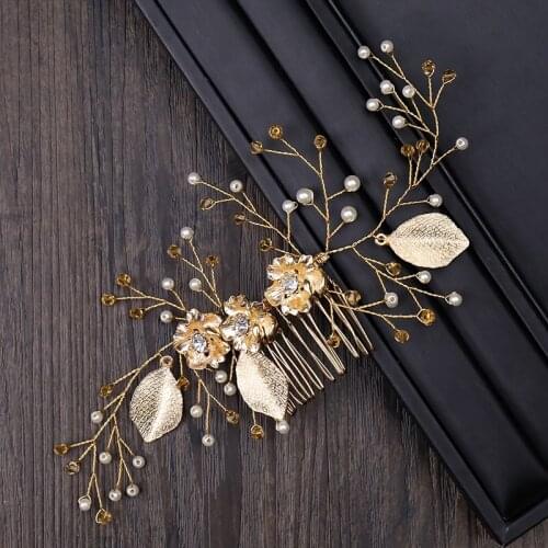Golden Hair Combs For Bride Wedding Head Jewelry Pearl Leaf Bride Hair Combs Ladies Headdress Headbands