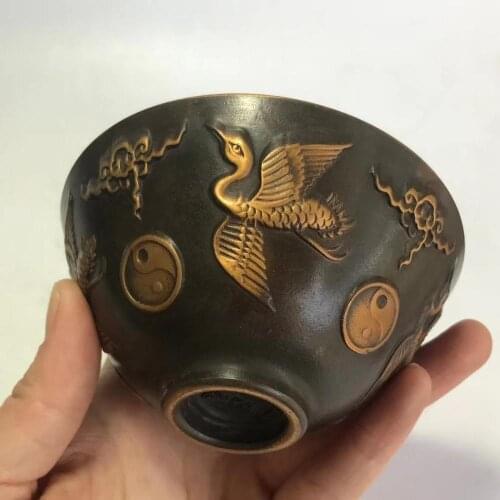 Chinese Collectibles brass copper Red-crowned crane Eight trigrams bowl home decor metal crafts