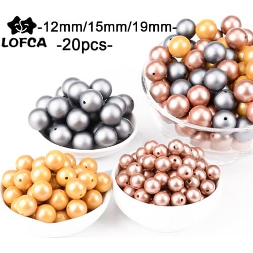 LOFCA 20Pcs metallic silver Print 12/15/19mm Silicone Loose Beads DIY Chewable Teething Beads BPA Free Baby Teether