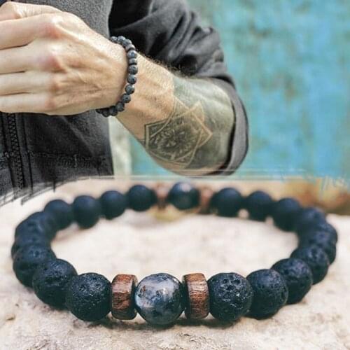MNWT Fashion Natural Black Lava Stone Wood Beaded Bracelet for Men Charm Jewelry Tibetan Buddha Bracelets