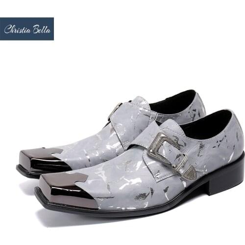 Christia Bella British Metal Square Toe Men Brogue Shoes Buckle Strap Real Leather Wedding Dress Shoes For Man Office Oxfords