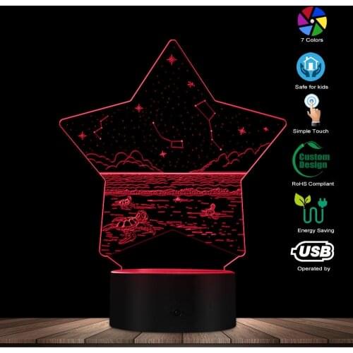 Night Seaside Turtles USB Table Lamp 3D Optical illusion Starry Sky Evening Sea View Plexi Glass Five-pointed Star LED Lamp