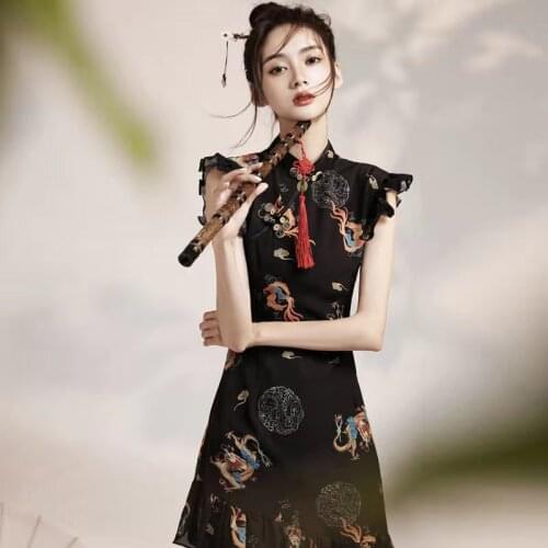 Summer Traditional Chinese Cheongsam Dress Women Girls Retro Vestido Modern Chinese Style Improvement Sexy Short Phoenix Qipao