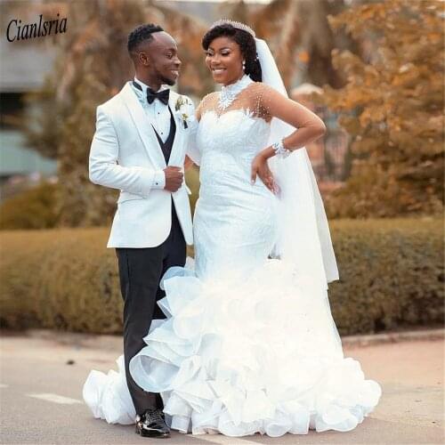 Luxury High Neck Long Sleeve Ruffles African Mermaid Wedding Dresses Appliques Lace Beading Pearls Bridal Gowns Vestido de Noiva