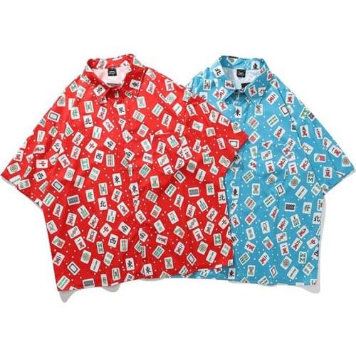 Men Shirt Short Sleeve 2021 New Arrival Summer Loose Male Shirt Thin Mahjong Chinese Character Chinese Style Blue Red S31