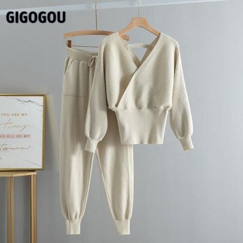 GIGOGOU Lurex Shinnning Deep V Neck Women Sweater Fashion Long Sleeve Pullover Sweaters Fall Winter Female Jumper Knitted Tops
