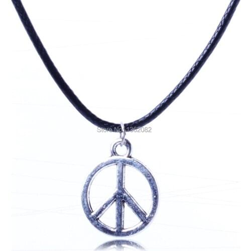 Vintage Silver Men Womens Alloy Peace Pendant Necklace Leather Rope Chain Lucky Gift MN120