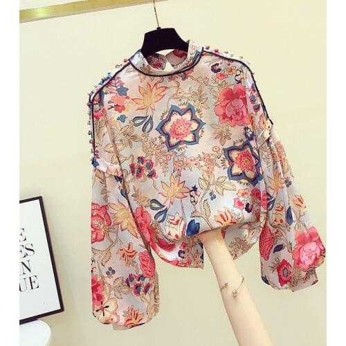 Spring New 2021 Vintage Printed Women Blouse Lantern Sleeved Loose Lady Elegant Pulls Tops