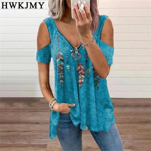 Summer Women Fashion Casual V-neck Off Shoulder Short Sleeved Tops Zipper Tee Ladies Printing Shirts Loose Cotton T-shirt