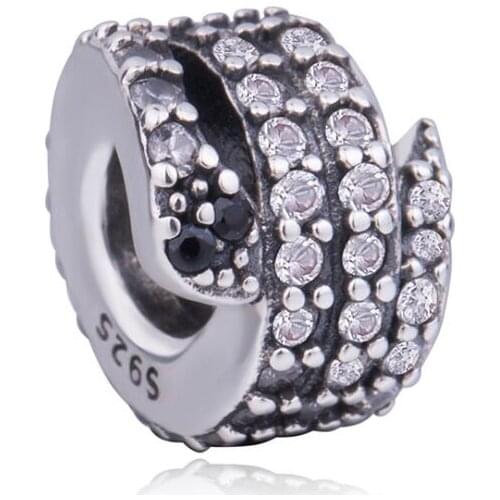 Genuine 925 Sterling Silver Sparkling Snake, Clear Cz & Black Crystal Charms Fit Women Pan Bracelet & Necklace Diy Jewelry
