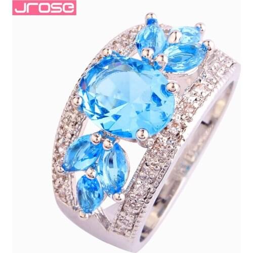 JROSE Wholesale Fashion Blue & White CZ Silver Color Ring Size 7 8 9 10 11 12 Women Pretty Endearing Jewelry Hot Sale Jewelry