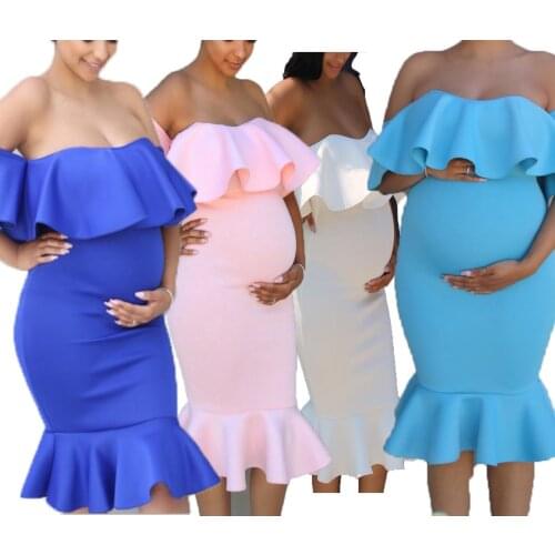 2021 European American Dress Women Stretch Pregnant Women Ruffle Collar Trailing Long Dress Maternity Dresses For Photo Shoot