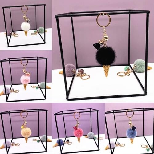 Ice Cream Keychain Soft Artificial Rex Rabbit Hair Ball Keyring Porte Clef Pompom De Fourrure Women Shoulder Bag Car PendantGift