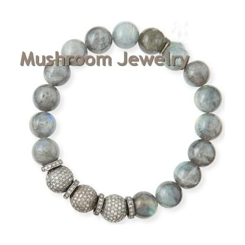 Zircon Micro Pave Spacers Bracelet Labradorite Beads Stretch Strand Bracelet
