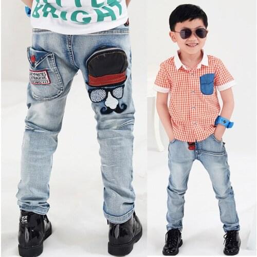 2019 Big Boys Jeans Fashion Teen-ages High Quality Elastic Waist Cotton Full Length Jeans Appliques Straight size 100-160