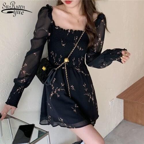 Summer Womens Sexy Black Dress Vintage Flower Long Puff Sleeve Chiffon Dresses Korean Casual Mini Vestidos Mujer Clothes 13676