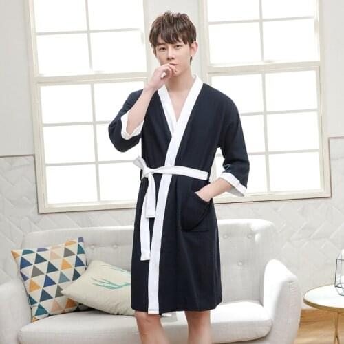 Summer Robe Men Bride Bathrobe Sleeve Waffle 100% Cotton Sleep Lounge Robes Kimono Suck Water Night Wear Gown Men Sleepwear