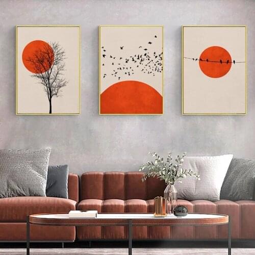 Minimalist Orange Sun Flock of Birds Wall Art Canvas Painting Nordic Posters and Prints Wall Pictures for Living Home Decoration