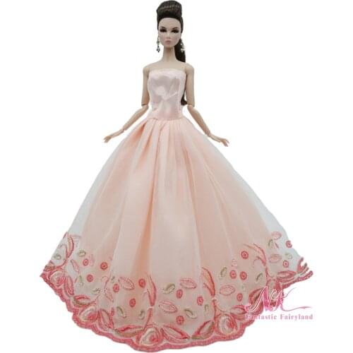 NK 1Pcs Doll Fashion Princess Pink Half-Pack Lace Wedding Dress Noble Evening Dress For Barbie Accessories Doll Best Girl Gift