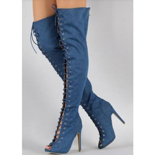 New designer lace-up thigh high stiletto heel denim boots high quality fish mouth gladiator sandal autumn winter boot big size43