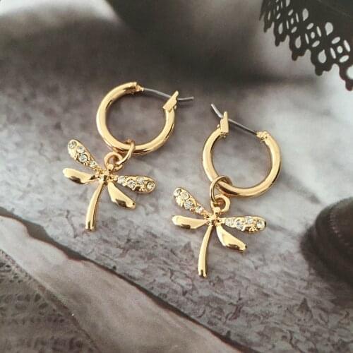 Sweet Insect Gold Color Plating Clear Stone Inserted Flydragon Charm Drop Earrings For Women Lovely Gilrs Accessory