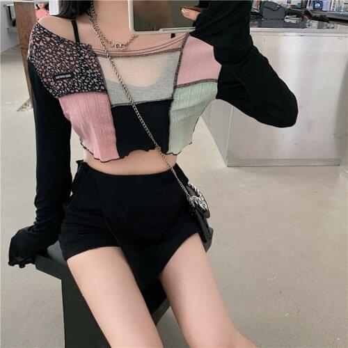 Autumn Floral Shirt Fashion High Street Casual Tight Stretch Slim Crop Tops Women Patchwork Full Sleeve Stretch Slim Tee Shirt