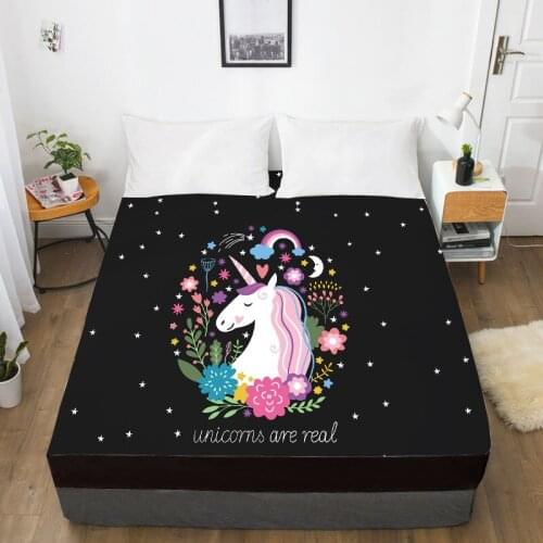 3D HD Digital Printing Custom Bed Sheet With Elastic,Fitted Sheet Twin Queen King,Mattress Cover 160x200,Cartoon Black unicorn